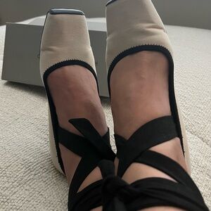 Charles & Keith Cream and Black Flats with Criss-Cross Straps
